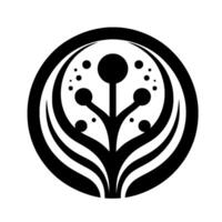 Abstract botanical black and white logo, featuring stylized plant within a circular frame, minimalist and elegant design. vector