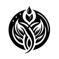 A symmetrical, stylized, black and white emblem featuring intertwined organic shapes evoking leaves, a central bud with a droplet, and enclosed within a circular frame, against a white background. vector