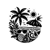 Illustration of a Tropical Paradise Scene, Featuring Palm Tree, Beach Umbrella, Sunglasses, and Fruits in a Round Composition. vector