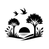Silhouette of a serene lakeside scene with two birds soaring above stylized trees, a setting sun, and lush vegetation, all rendered in black and white minimalist design. vector