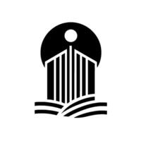 A minimalist black and white depicts a stylized building silhouette with vertical lines, a circular sun overhead and land. vector