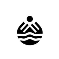 Minimalist monochrome depicting a stylized mountain, sun, and water elements within a circular shape, conveying a sense of serenity. vector
