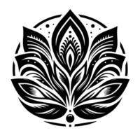 Intricate black and white stylized lotus flower design, enclosed within a circular frame, featuring detailed petal patterns and dot accents, evokes elegance. vector