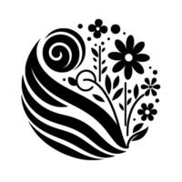 Monochromatic Floral Arrangement in a Circular Composition with Swirls, Leaves, and Dots, evoking Nature Harmony. vector