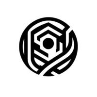Intricate Black and White Geometric Logo A Spherical Featuring a Hexagonal Center and Circular Overlays, Creating a Modern, Abstract Aesthetic. vector
