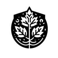 A stylized, monochrome featuring a symmetrical arrangement of leaves within a shieldlike, semicircular frame, accented by whimsical dots and organic shapes. vector