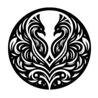 Symmetrical Black and White Phoenix Within a Circle Detailed Line Art Depicting Two Birds, Symbolizing Rebirth and Balance. vector