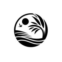 A serene black and white circular illustration features a minimalist seascape with stylized waves, a silhouetted palm tree, a setting sun, and a flying bird. vector