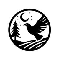 A serene, stylized illustration within a circle, featuring a soaring eagle silhouetted against a night sky, pine tree, crescent moon, and rolling hills. vector