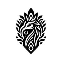 Elegant Black and White Decorative Emblem Featuring a Stylized Bird or Creature Formed by Intricate Leaf and Flowing Lines within an Oval Frame. vector