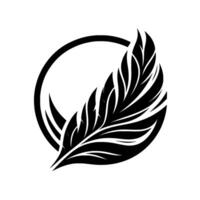 Elegant Black Feather with Intricate Veins Enclosed in a Circular Frame Against a White Background. vector