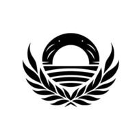 Black and White featuring a stylized, symmetrical emblem comprised of an arch, horizontal stripes, and laurel wreath. vector