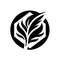 A stylized monochrome featuring a symmetrical plant or feather design, partly contained within a hexagon, all encapsulated by a circle. vector