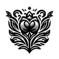 Symmetrical Black Floral Emblem with Intricate Leafy Details and Ornamental Elements on White Background. vector