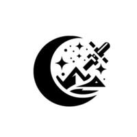 Geometric silhouette a crescent moon with stylized stars, mountains, and a spacecraft, all in stark black and white. vector