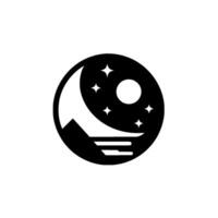 A minimalist black and white illustration of a crescent moon, mountain, stars, and sun within a circle, evoking a sense of serenity. vector