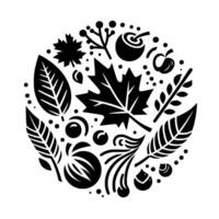 Black and white circular illustration showcasing autumn harvest elements leaves, fruits, berries, and abstract botanical shapes, with a minimalist aesthetic. vector