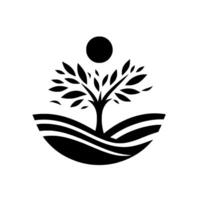Stylized Monochrome Logo A Tree with Leaves, a Sun above, and Rolling Hills, conveying nature and growth. vector