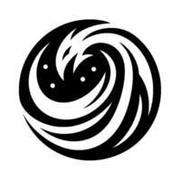 A swirling black and white circular suggesting a mythical creature within a minimalist style, featuring three small dots. vector