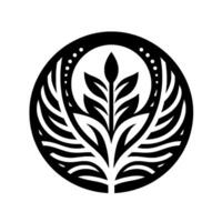 Symmetrical black and white floral within a circle, featuring a central stem and stylized leaf elements. vector