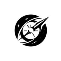 A stylized, symmetrical black and white depicting a compasslike device within a circular frame, with star elements and a sharp, arrowlike object. vector