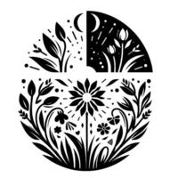 A symmetrical black and white illustration showcasing a divided circle, half depicting night with a crescent moon and starry sky, the other half showing flora, and below, another half circle full of f vector