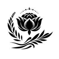Elegant Black Lotus and Foliage with Dotted Arch on White Background, Ideal for Tattoo or Use. vector