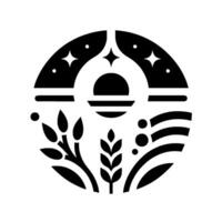 Celestial Harvest A stylized emblem featuring celestial bodies, fields, and foliage arranged within a circular composition, rendered in bold black and white. vector