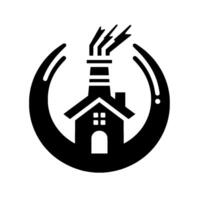 Abstract Black and White Logo a stylized house with a chimney emitting smoke, enclosed within a curved crescent shape, creating a clean design. vector
