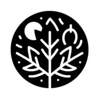 Black and white stylized illustration of a tree within a circle, with a moon, crescent, and starburst elements, minimalist design. vector