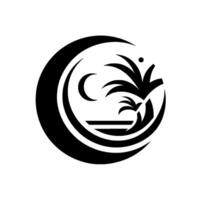 Abstract Monochrome Crescent Moon Palm Tree with Ocean Horizon in Circle vector