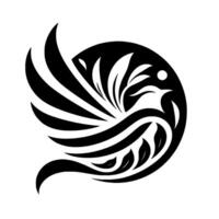 A stylized black and white bird motif, composed of curved lines and leaflike shapes within a circular form, embodying a sense of elegance and simplicity. vector
