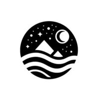 Serene black and white circular depicting a mountain range reflecting in wavy water under a starlit sky with a crescent moon. vector