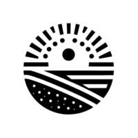 Abstract geometric black and white circular depicting a stylized sunrise over a landscape with fields and hills. vector