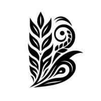 Elegant Black and White Ornamental Featuring Floral Elements, Spirals, and Leafy Forms, against a Clean White Background. vector