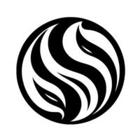 A stylized, symmetrical emblem featuring swirling black and white organic shapes within a circular frame, evoking a sense of movement. vector