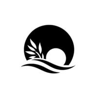 Monochrome minimalist nature featuring a silhouette of a leaf sprig emerging from stylized waves with a sun or moon rising behind. vector