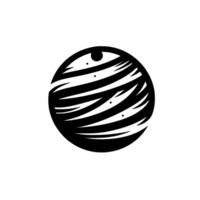 A minimalist, black and white spherical graphic, featuring a textured planetary body with striped patterns and three small dots, all set against a stark white backdrop. vector
