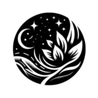 A stylized celestial and botanical composition, featuring a crescent moon, stars, and layered leaves within a black circle, rendered in highcontrast monochrome. vector