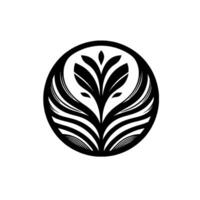A symmetrical, abstract black and white featuring a floralinspired motif resembling a bird, enclosed within a circular frame, set against a clean white backdrop. vector