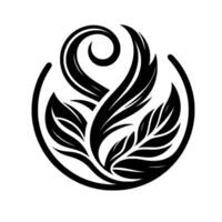 Elegant black and white circular featuring stylized leaves and flowing swirls, representing growth and nature, on a clean white background. vector