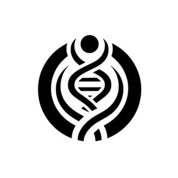 Symbolic Black and White Icon A Circular Featuring a Central DNA Helix Motif, Encased Within Curved Lines. vector