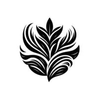 A symmetrical, blackandwhite illustration featuring stylized leaves and flowing, feathery elements radiating outwards from a central core, set against a clean white background. vector