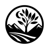 A minimalist, circular featuring a silhouetted tree with a crescent moon, set against mountain ranges and a stylized field, rendered in stark black and white. vector