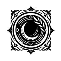 Intricate Black and White Celestial Mandala featuring a Crescent Moon, Olive Branch, and Geometric Patterns within a Square Frame, on a White Background. vector