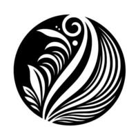 A minimalist, monochrome featuring botanical elements, including stylized leaves and swirling tendrils, arranged in a symmetrical pattern within a circular frame. vector
