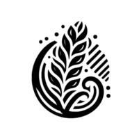 Abstract Monochrome Plant Illustration A stylized black and white featuring a central leaf arrangement within a curved, geometric frame, with decorative elements. vector