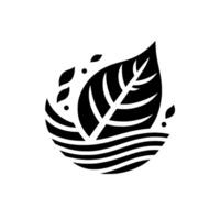 A minimalist black and white illustration featuring a stylized leaf resting on wavy lines, with small surrounding shapes, symbolizing nature and purity. vector
