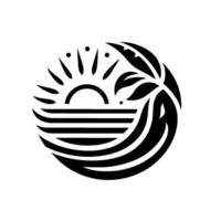 Minimalist Monochrome Illustration Tropical Sunset Scene with Palm Tree, Sun Over Ocean Waves, in a Circular Composition. vector
