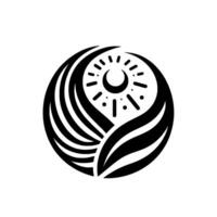 Abstract black and white circular emblem, featuring sunmoon motif enclosed by stylized, flowing organic shapes, with simple, bold elements. vector